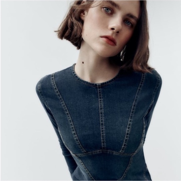 Zara denim midi maxi dress 3/4 sleeve Back Zip Stretch 7227/283 - Picture 2 of 11